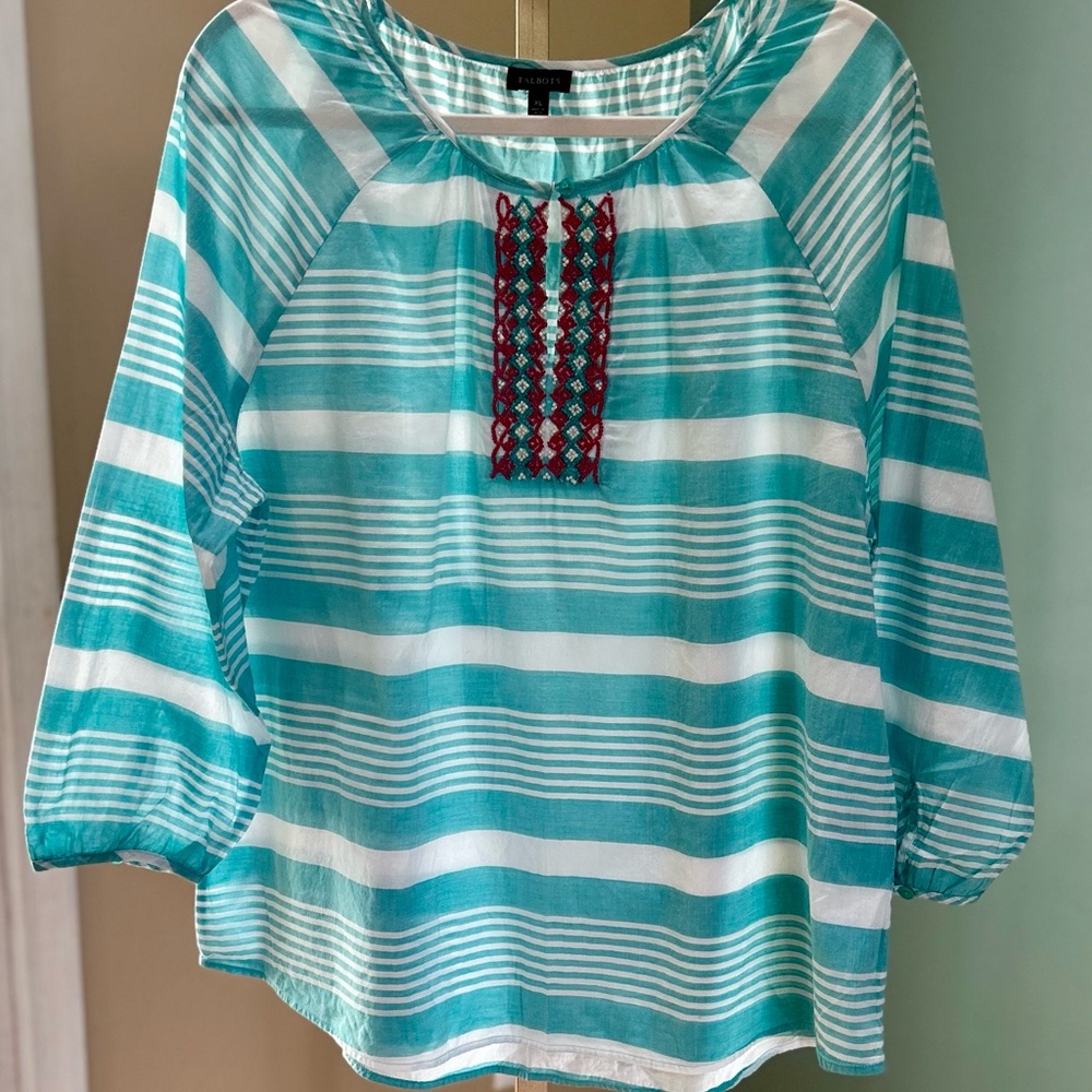 Talbots Blue and White Striped Blouse with Beaded Detail Size XL